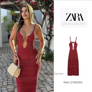 Zara Red Embellished Cut Out Bodycon Dress